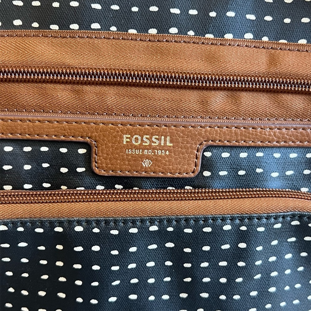 Fossil Black and White Polka Dot Backpack with Brown Accents - Picture 2 of 14